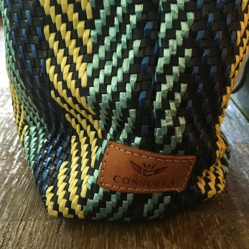 Consuela Cancun Frida Woven Tote Knotted Leather Fringe Bag Blue Yellow Rare